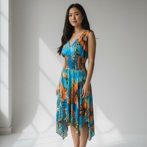 Boutique Brand Tropical Dress W/ V-Neck, elasticized waist, asymmetric hemline